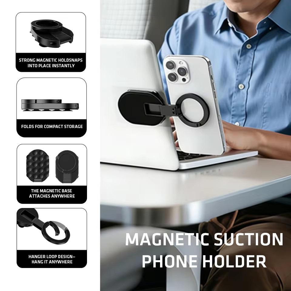 Phone Accessories Are - MA39 ขาตั้งโทรศัพท์แม่เหล็กพับได้แบบอเนกประสงค์ 360 องศา ° ที่วางโทรศัพท์แบบหมุนได้สำหรับตั้งโต๊ะพร้อมถ้วยดูดที่ด้านล่าง