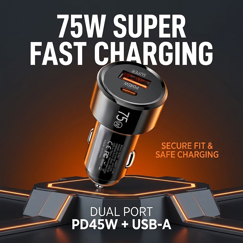 Usb C Hub - ที่ชาร์จในรถยนต์แบบสองพอร์ต 75W พร้อมพอร์ต PD 45W USB-C